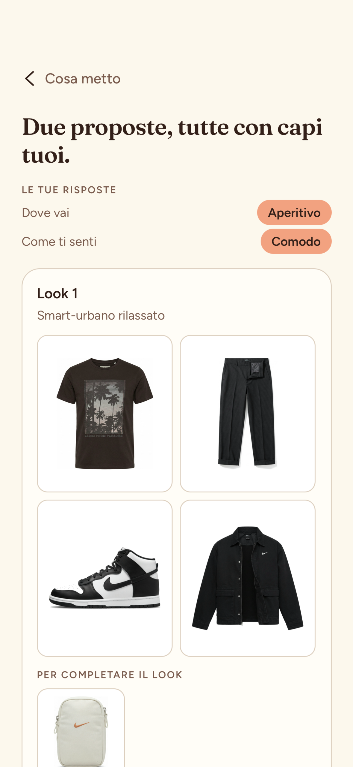 Clomy, schermata Cosa metto con gli outfit proposti