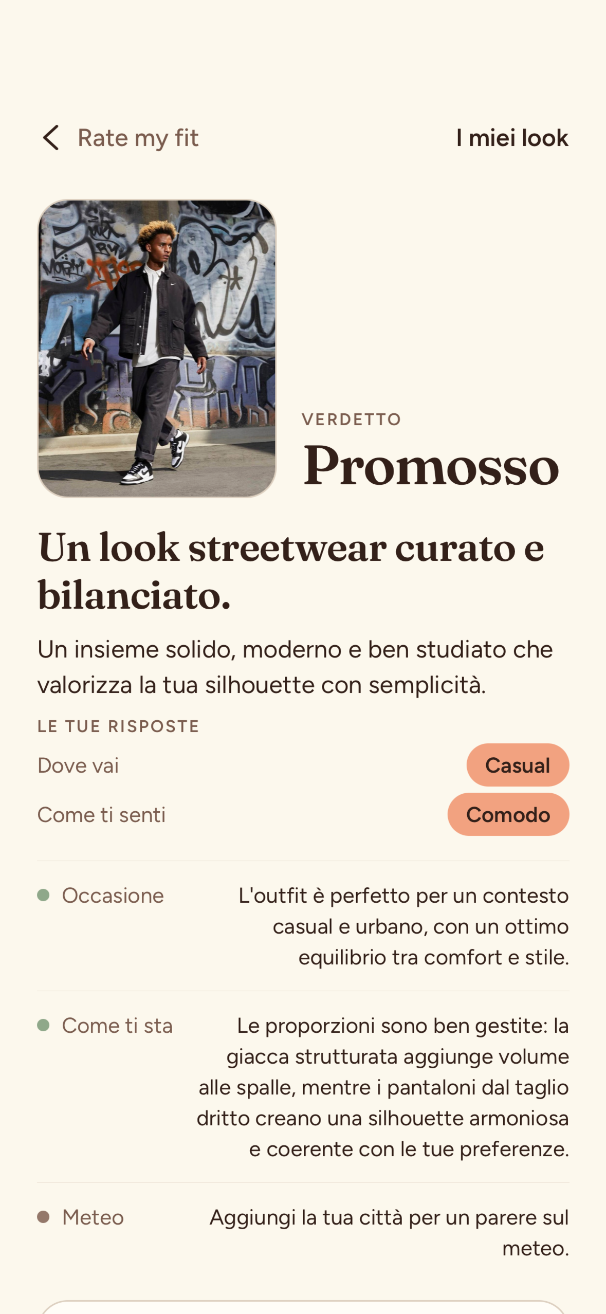 Clomy, schermata Rate my fit con il verdetto su un look